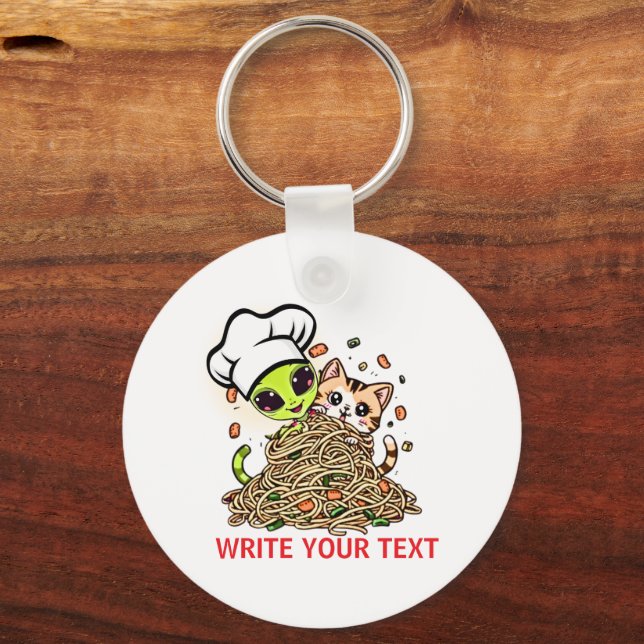 Kawaii Alien Chef Cat Spaghetti Art Keychain (Front)