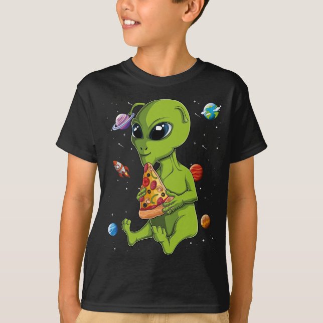 Kawaii Alien Eating Pizza Lover UFO Extraterrestri T-Shirt (Front)