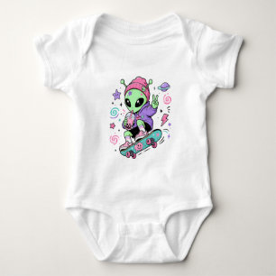 Kawaii Alien Skater Bubble Tea Design Baby Bodysuit