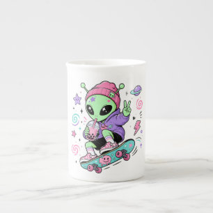 Kawaii Alien Skater Bubble Tea Design Bone China Mug