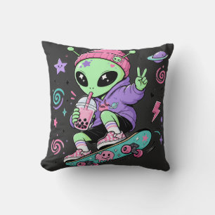 Kawaii Alien Skater Bubble Tea Design Throw Pillow