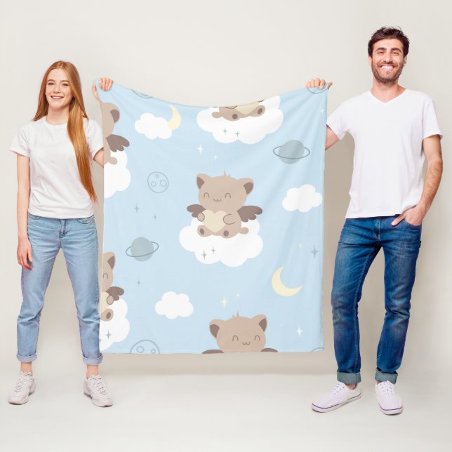 Kawaii Angel Cats on Clouds Pattern Fleece Blanket (In Situ)