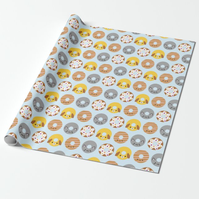 Kawaii Animal Doughnuts Wrapping Paper (Unrolled)