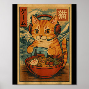 Kawaii Anime Gamer Cat Ramen Retro Japanese Gaming Poster