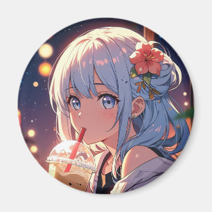 Kawaii Anime Girl Boire Boba Magnet - mignonne