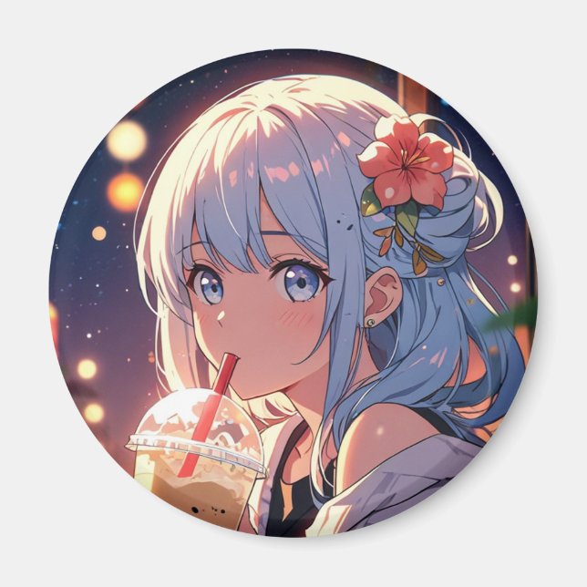 Kawaii Anime Girl Drinking Boba Magnet – Cute  (Front)