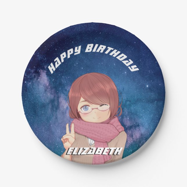 Kawaii Anime Girl galaxy Paper Plate (Front)