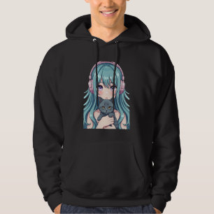 Kawaii Anime Girl Holding Kitten Cute Cat Illustra Hoodie