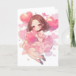 Kawaii Anime Girl Pink Love Holiday Card