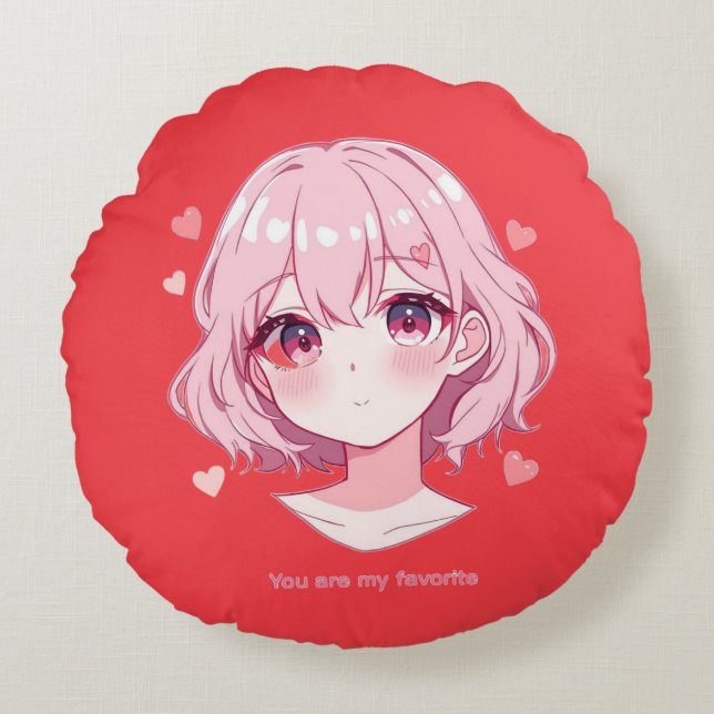 Kawaii Anime Girl Valentine Sweatshirt Round Pillow (Front)