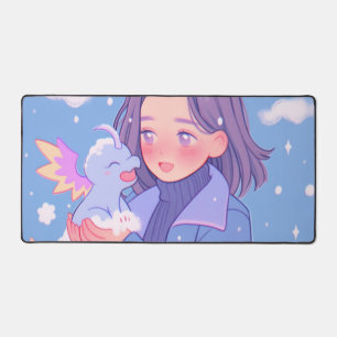 Kawaii Anime Girl With Baby Dragon in Winter Snow Desk Mat