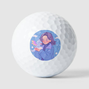 Kawaii Anime Girl With Baby Dragon in Winter Snow Golf Balls