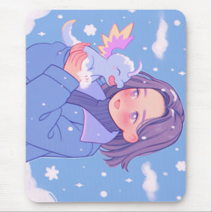 Kawaii Anime Girl With Baby Dragon in Winter Snow Mouse Pad