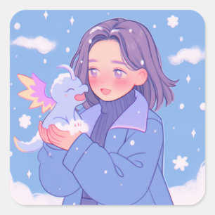 Kawaii Anime Girl With Baby Dragon in Winter Snow Square Sticker