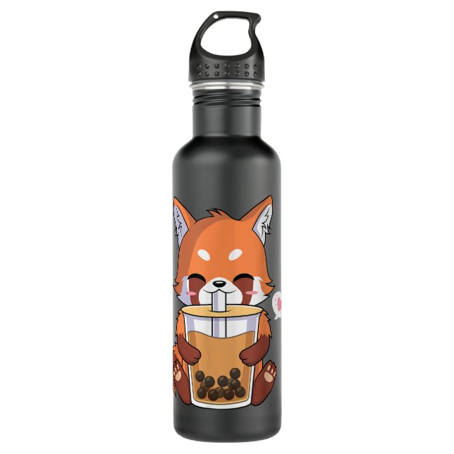 Kawaii Anime Red Panda Drinking Boba Bubble Tea  710 Ml Water Bottle (Front)