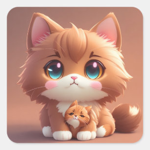 Kawaii Anime Sticker: Fancy Brown Cat Delights Square Sticker