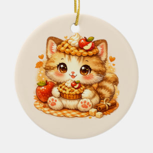 Kawaii Apple Pie Kitty – Cozy Autumn Dessert Ceramic Ornament
