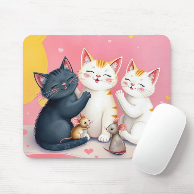 Kawaii Art Cats and Mice Mouse Pad (With Mouse)