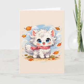Kawaii Autumn Breeze Kitty – Cute Cozy Fall Cat Card