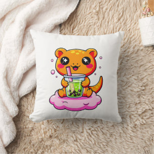 Kawaii Axolotl Drinking Pink Boba Tea Cute Pillows