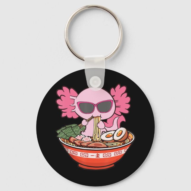 Kawaii Axolotl Eating Ramen Noodles Anime Girls Te Keychain (Front)