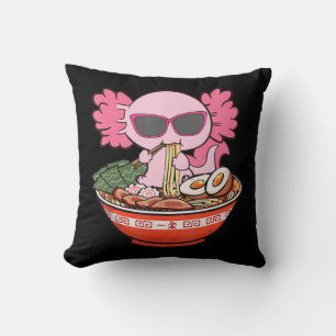 Kawaii Axolotl Eating Ramen Noodles Anime Girls Te Throw Pillow