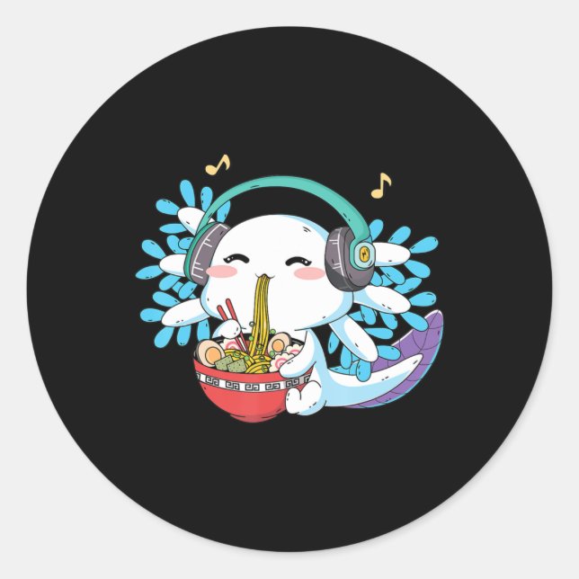 Kawaii Axolotl Eating Ramen Noodles Anime Kids Boy Classic Round Sticker (Front)
