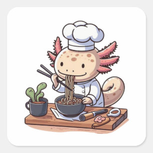 Kawaii Axolotl Eating Ramen Square Sticker