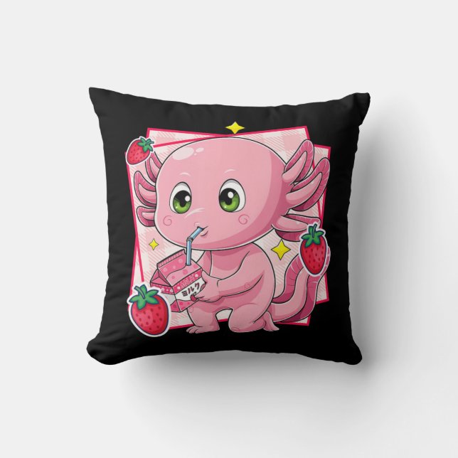 Kawaii Axolotl Strawberry Milk Japanese Anime Gift Throw Pillow (Front)