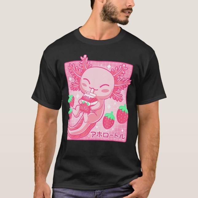 Kawaii Axolotl Strawberry Milk Shake Carton Japane T-Shirt (Front)