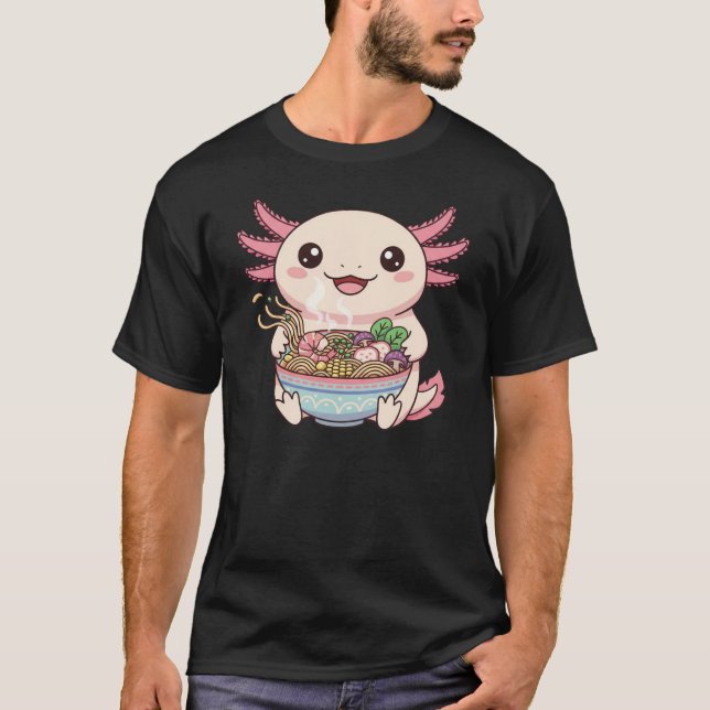 Kawaii Axolotl with Ramen Bowl T-Shirt (Front)