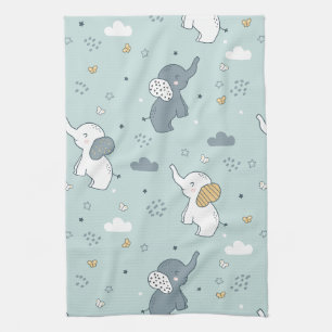 Kawaii Baby Elephant Nursery Blue Kitchen Towel