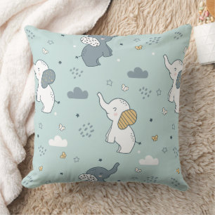Kawaii Baby Elephant Nursery Blue Throw Pillow