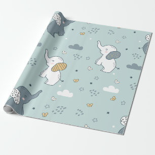 Kawaii Baby Elephant Nursery Blue Wrapping Paper