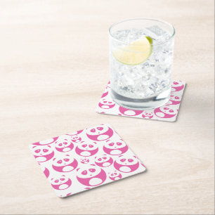 Kawaii Baby Pink and White Panda Pattern Square Paper Coaster