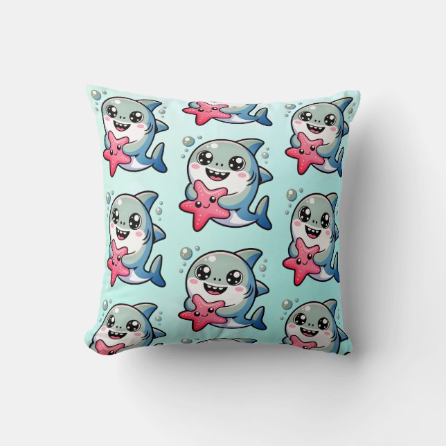 Kawaii Baby Shark & Starfish Ocean Nursery Decor Throw Pillow (Front)