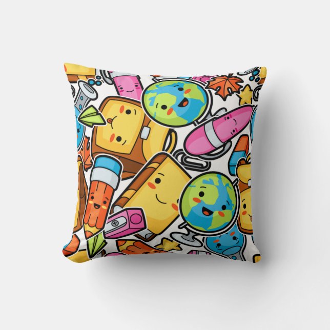 Kawaii Back to School Supplies Throw Pillow (Front)