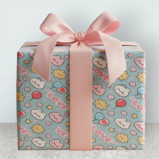 Kawaii Balloons Bunny Cherry Blossoms Pattern Wrapping Paper (Creator Uploaded)