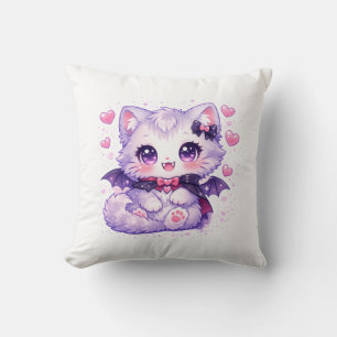 Kawaii Bat Kitty – Cute Vampire Winged Cat Throw Pillow