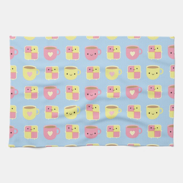 Kawaii Battenberg Cake & Cup of Tea Kitchen Towel (Horizontal)