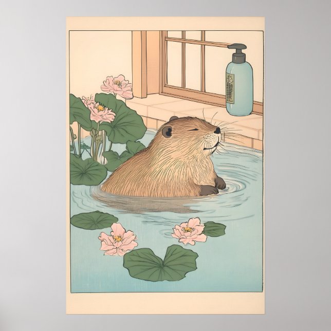 Kawaii Beaver Ukiyo-e Print Funny Bathroom Japandi (Front)