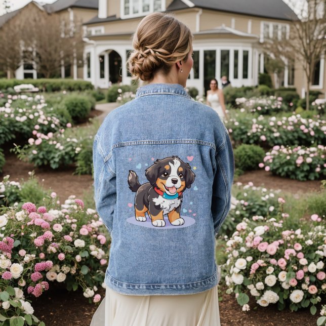 Kawaii Bernese Puppy Cute Berner Pup Denim Jacket (Wedding Back)