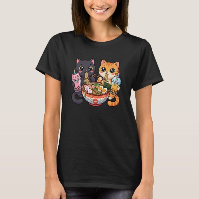 Kawaii Black and Orange Tabby Cat Ramen Bubble Tea T-Shirt (Front)