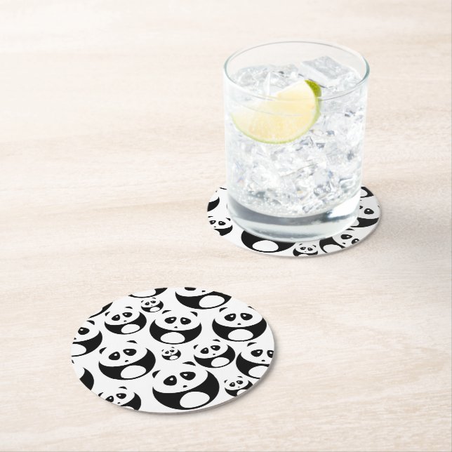 Kawaii Black and White Panda Pattern Round Paper Coaster (Insitu)