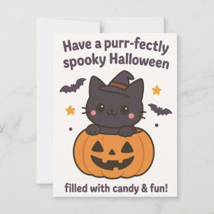 Kawaii Black Cat Halloween Greeting Card 