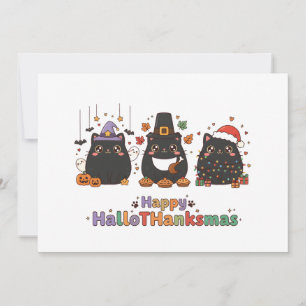 Kawaii Black Cat Happy HalloTHanksmas Unique Holiday Card