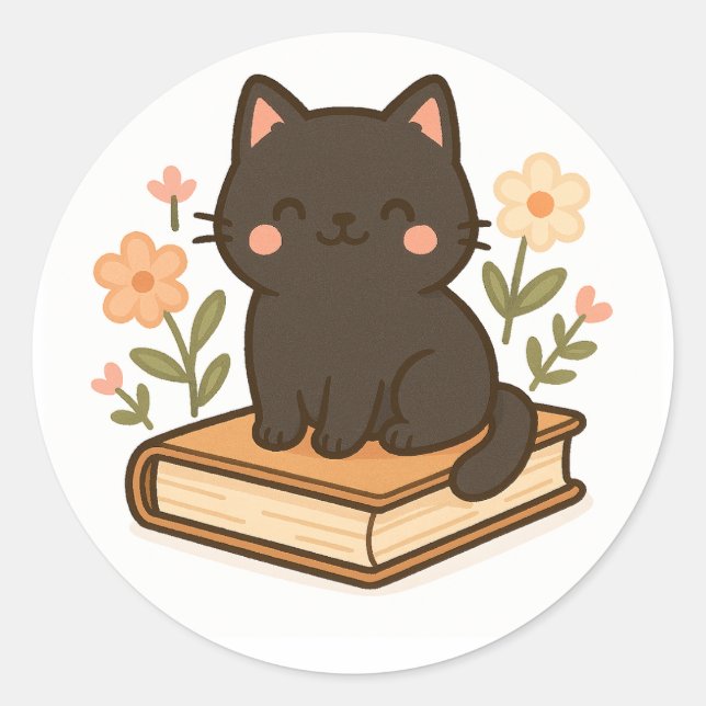 Kawaii Black Cat on Book – Cozy Sticker (Front)
