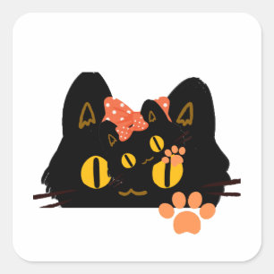 Kawaii Black Cat Peekaboo Art with Bow Square Sticker