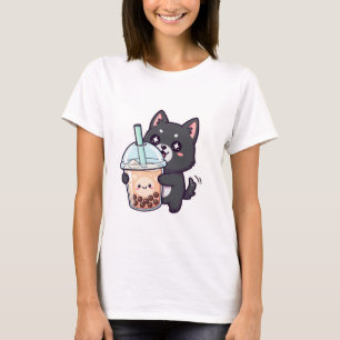 Kawaii Black Cat Sipping Boba Tea - Cute Anime Nek T-Shirt