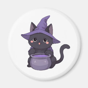 Kawaii Black Cat Witch Halloween Cauldron Magnet